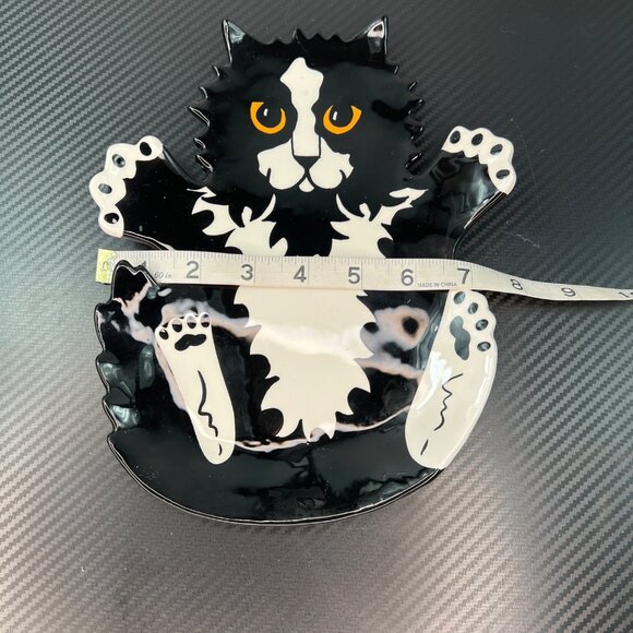 Cats by Nina Lyman Black White Ceramic Plate Platter Orange Eyes Laying on Back - Picture 9 of 11